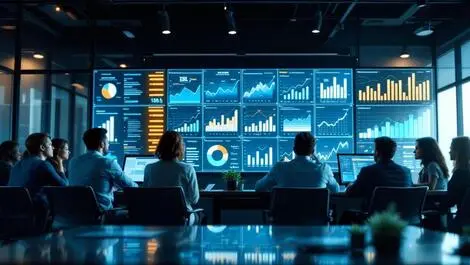 Modern office financial charts graphs multiple screens growth data analysis business professionals cybersecurity technology