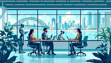 Australian office workers collaborating with robotic assistants modern workspace