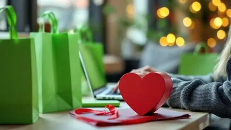 Realistic photo uk online shopper laptop home eco friendly bags charity box