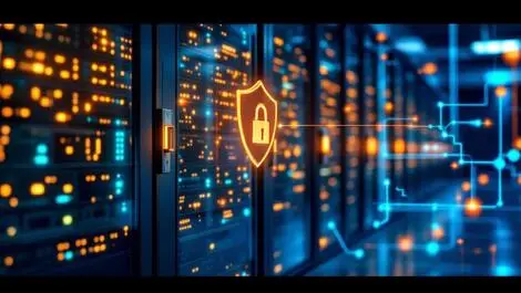 Modern data center glowing server racks secure locks digital network lines shield cyber protection realistic illustration