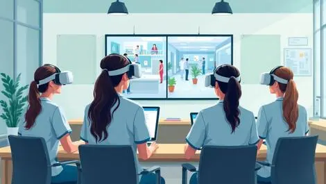 Nursing students vr headsets practicing clinical skills european classroom