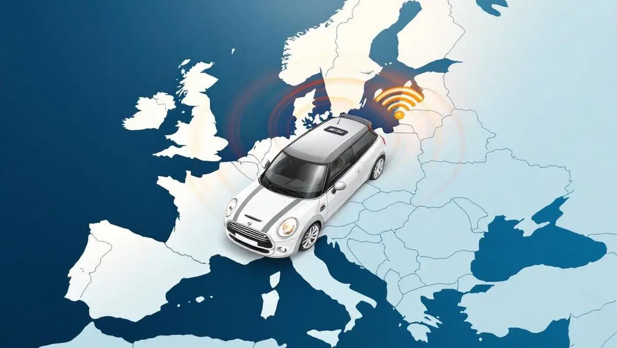 Mini car driving on european map with wifi signal waves showing country borders
