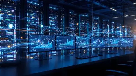 Modern it operations room computer monitors colorful line graphs server racks digital data flows observability technology