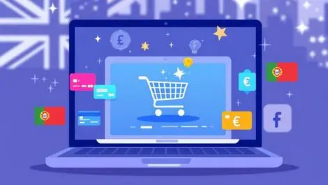 Online shopping laptop shopping cart bank cards portuguese currency uk portugal flags