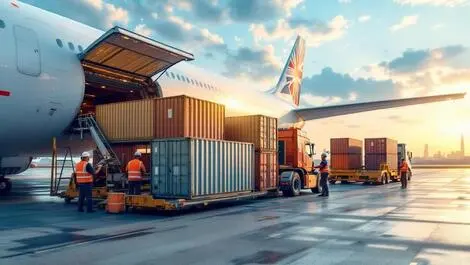 Realistic cargo plane loading shipping containers airport beijing international ecommerce trade china uk