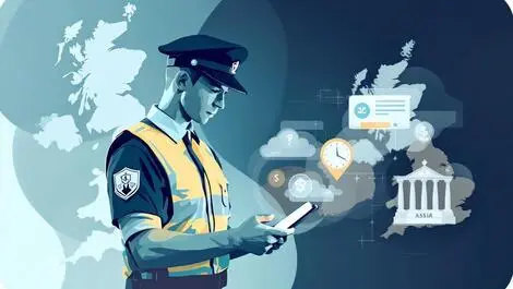 Security guard checking digital device with clock payslip icons uk canada maps