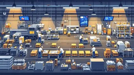 Modern factory floor australia new zealand machines workers digital screens efficiency