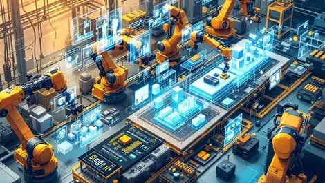 Advanced factory floor robotic arms assembling products digital interface