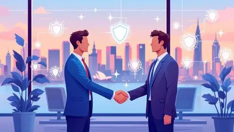 Businesspeople shaking hands cybersecurity partnership australian city skyline