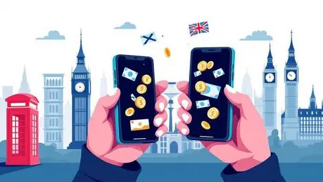 Digital payment uk smartphones exchanging coins banknotes big ben phone booth