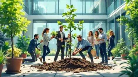 Business professionals planting trees office courtyard environmental care
