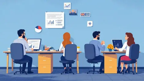 Australian office workers separated desks charts graphs uncertain performance reviews