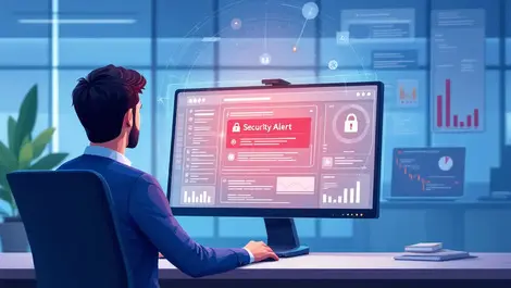 Corporate office it professional monitoring security alerts on screen