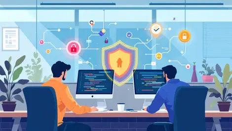 Realistic software developers collaborating with security icons in uk office