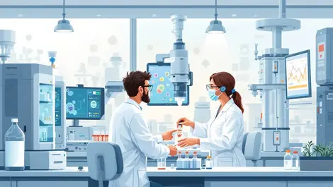 Detailed illustration modern laboratory scientists using advanced biological analysis machines