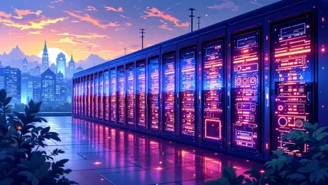 Modern data centre glowing server racks advanced robotics uk urban illustration