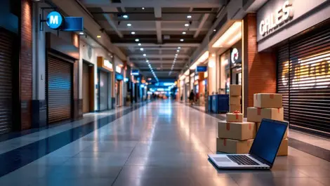 Empty shopping mall corridor closed stores laptop packages online shopping shift