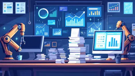 Modern office workspace digital financial charts robotic arms organizing documents