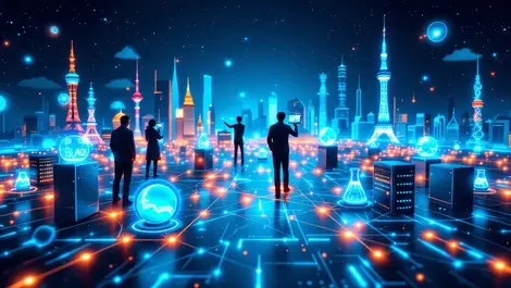 Network of servers computers glowing lines asian landmarks biotech drug discovery