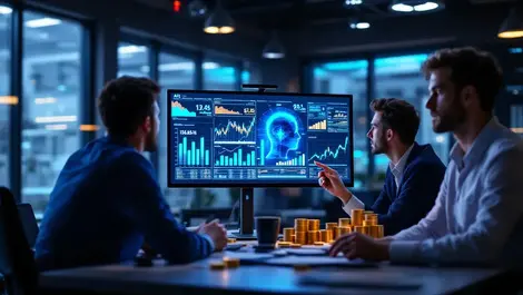 Businesspeople uk office analyzing ai data digital screens coins financial charts