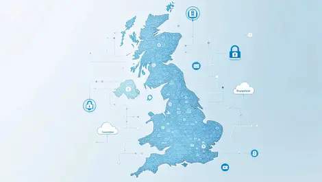 United kingdom map digital infrastructure cloud network security icons