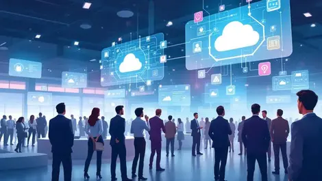 Business professionals networking technology conference cloud ai icons modern center