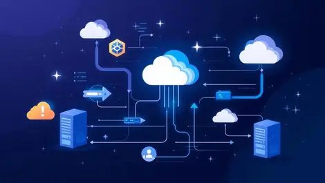 Interconnected computer servers cloud icons data streams digital flow