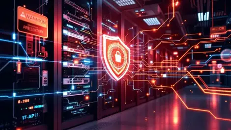 Server room exposed cables warning signs digital shield defense data streams ai vulnerabilities api security