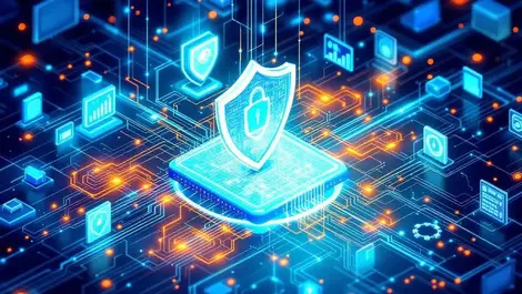 Detailed illustration secure data center digital shields network security ai