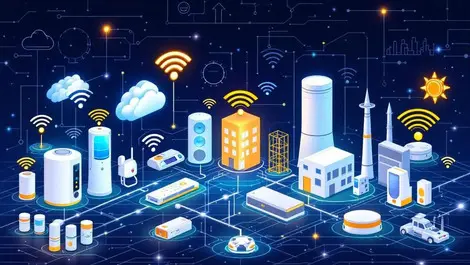 Illustration of smart iot devices connected by glowing wifi signals