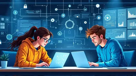 Young adults coding modern classroom cybersecurity collaboration australian university