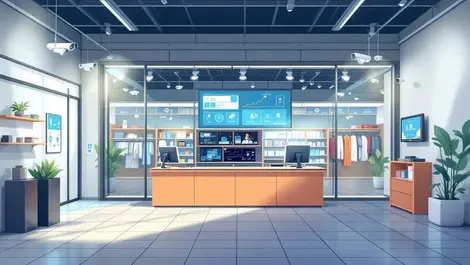 Modern retail store interior security cameras monitoring station cyber physical protection