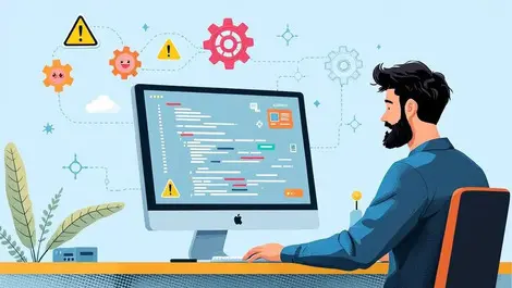 Developer analyzing software code with gears and warning symbols risk detection