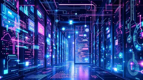 Modern data center interior ai analyzing flowing data streams digital illustration