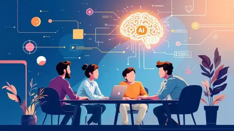 Software developers collaborating around computer ai brain icon agile development