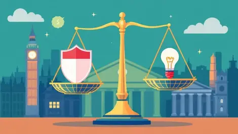 Scale balancing consumer protection shield and innovation lightbulb with uk financial buildings