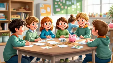 Children learning money management classroom coins banknotes piggy banks