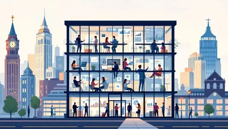 Modern office building busy professionals digital screens data manchester