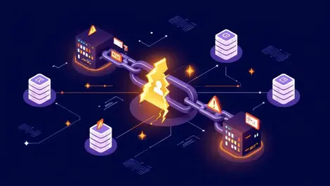 Interconnected computer servers broken chain link warning symbols software vulnerability