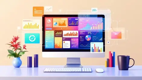 Realistic computer screen colorful digital ads analytics charts predictive ads tech