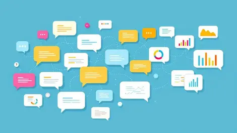 Speech bubbles transforming into colorful data visualizations customer feedback insights