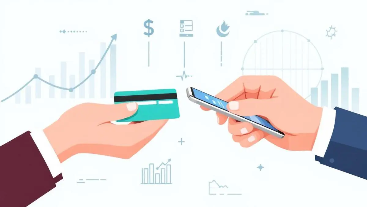 Hands exchanging credit card smartphone digital graphs fintech banking systems