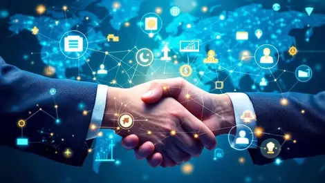 Businesspeople shaking hands digital network icons fintech global map