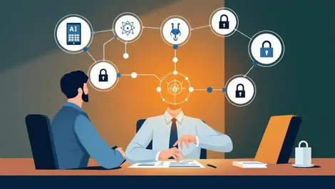Business leader analyzing ai network diagram with lock icons for responsible governance