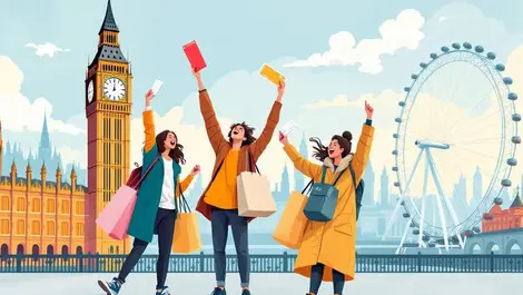 Excited uk shoppers holding travel tickets event passes by big ben london eye
