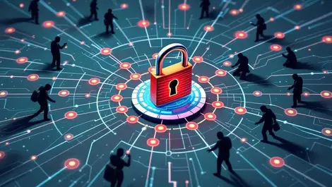 Digital lock surrounded by interconnected nodes pathways cybersecurity threats defense