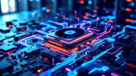 Realistic illustration powerful graphics processing unit on motherboard with energy lines data center