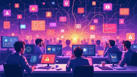 Overwhelmed security professionals warning screens tangled lines vulnerabilities office