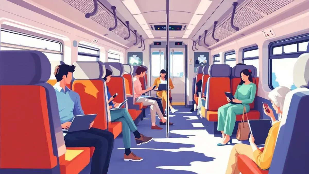 Modern train interior comfortable seating passengers using laptops mobile devices