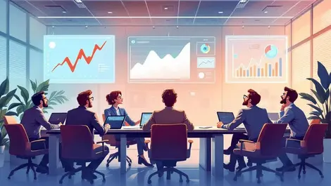 Business executives reviewing ai charts on digital screens office